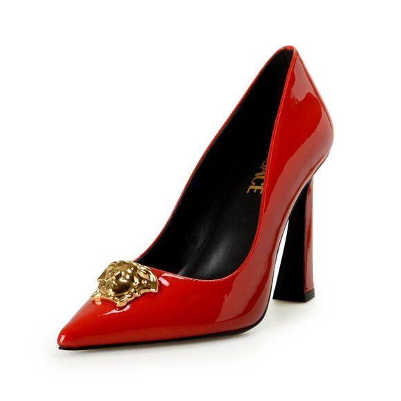 Versace Women Versace Women\'s Gold Medusa Red Patent Leather High Heel Pump Shoes US 7 IT 37